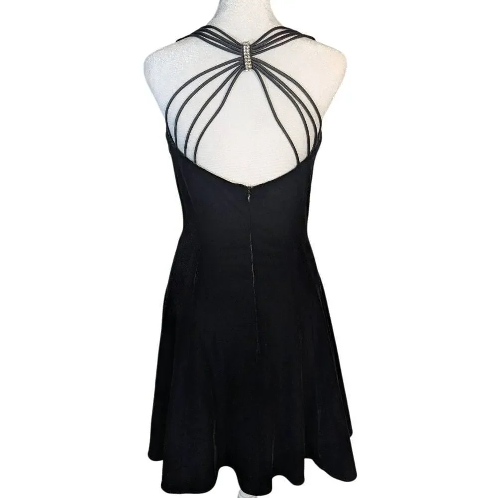 Betsy & Adam Vintage 90s black velvet strappy back mini party dress womens S